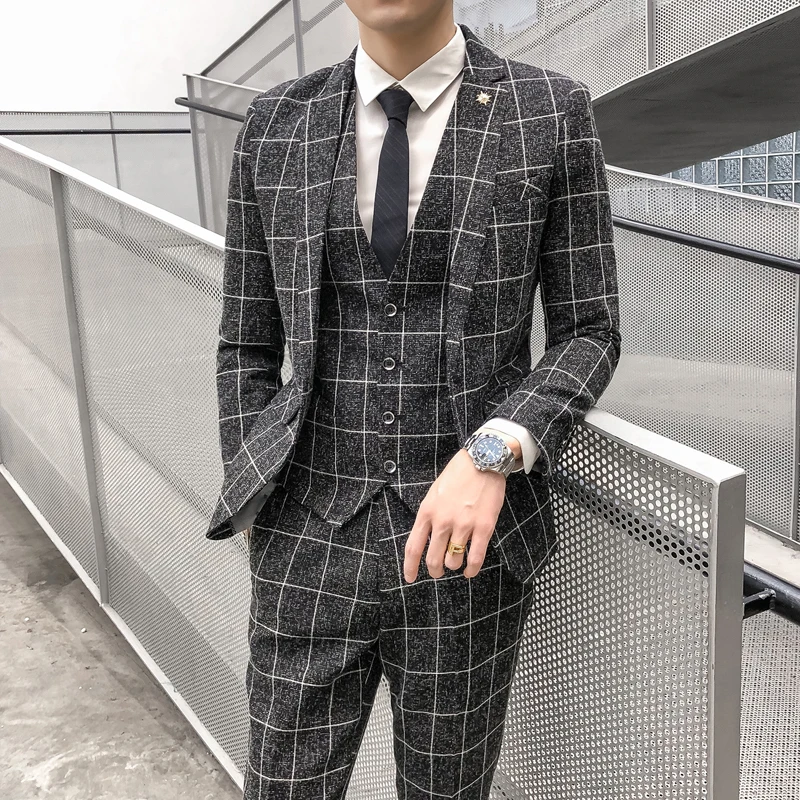 luxury Plaid Suit For Men (Jacket Vest Pant) 2019 New Fashion Party Wedding Suits Costume Mariage Homme Check Male | Мужская одежда