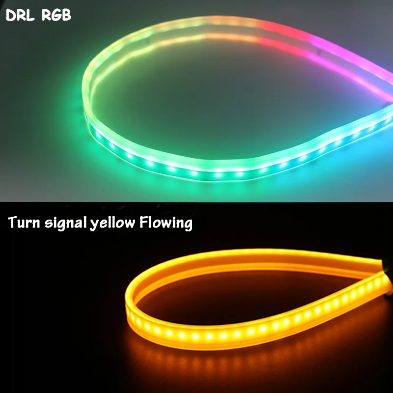 RGB N yellow Flowing 2 шт. RGB струящийся гибкий светодиодный DRL последовательный сигнал поворота светильник водонепроницаемый головной светильник полосы дневные ходовые огни дистанционное управление - Цвет: RGB N yellow Flowing