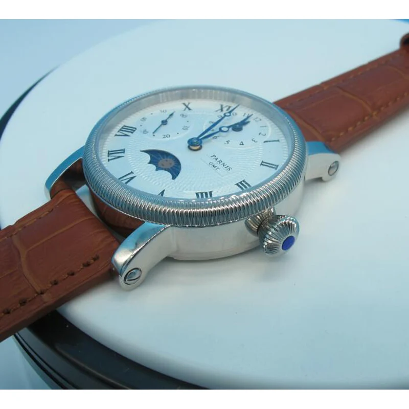 Мужские наручные часы Parnis PVD чехол с синими стрелками белый циферблат черный