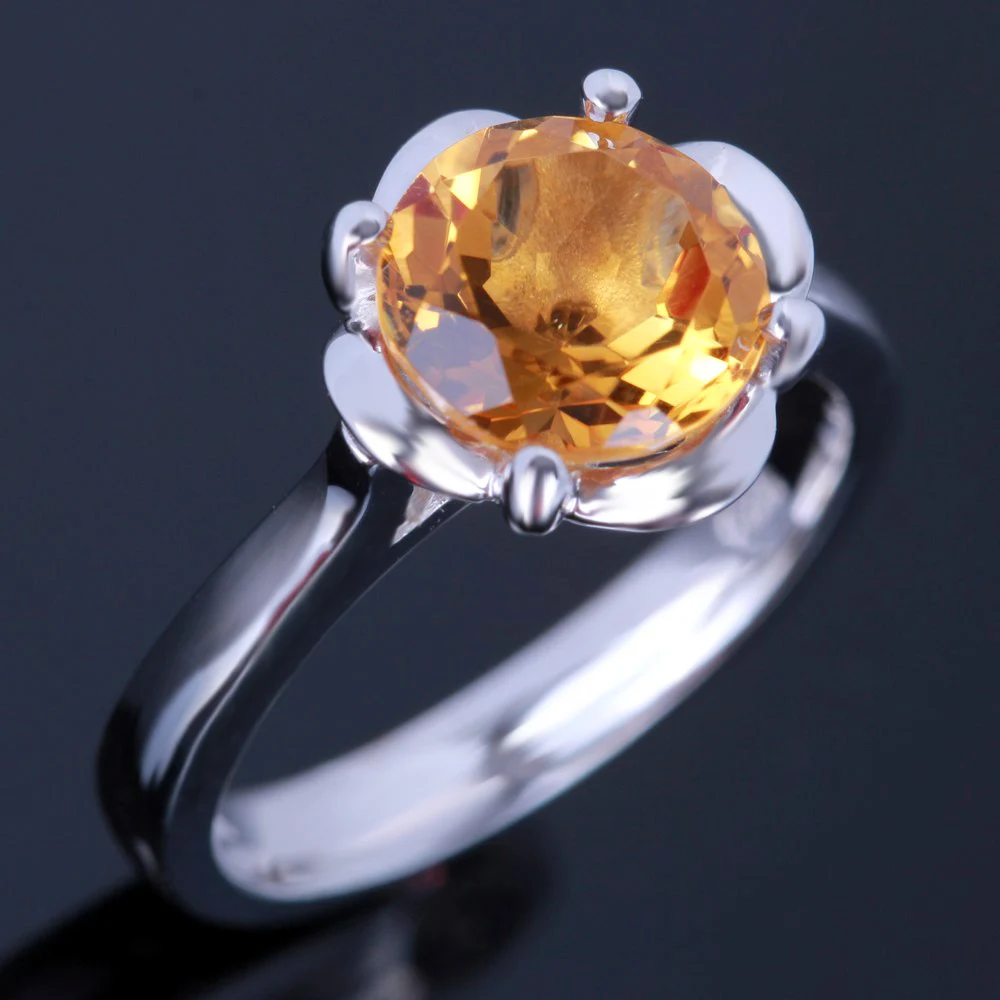 Real 925 Sterling Silver Round Cut 9mm 1.87CT Flawless Genuine Citrinee Engagement Wedding Women Flower Fine Jewelry Ring | Украшения и