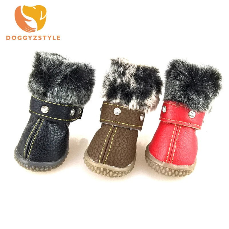 Теплые кожаные ботинки для собак зимние водонепроницаемые стразы сапоги