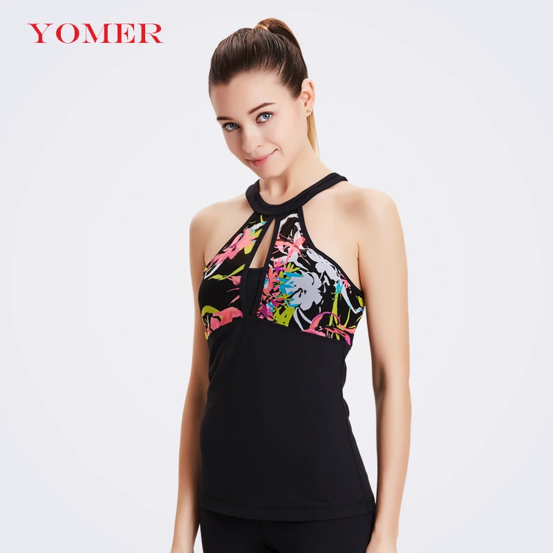 Yomer сексуальный цветок печатных Для женщин рубашка Йога Топ быстрый сухой Бег
