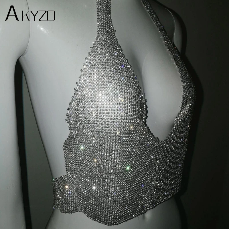 AKYZO, сексуальный, серебряный, с вырезами, короткий топ, на бретелях, для женщин, стразы, бодикон, камзол, обрезанный, на бретелях, без рукавов, для ночного клуба, для вечеринок, топы