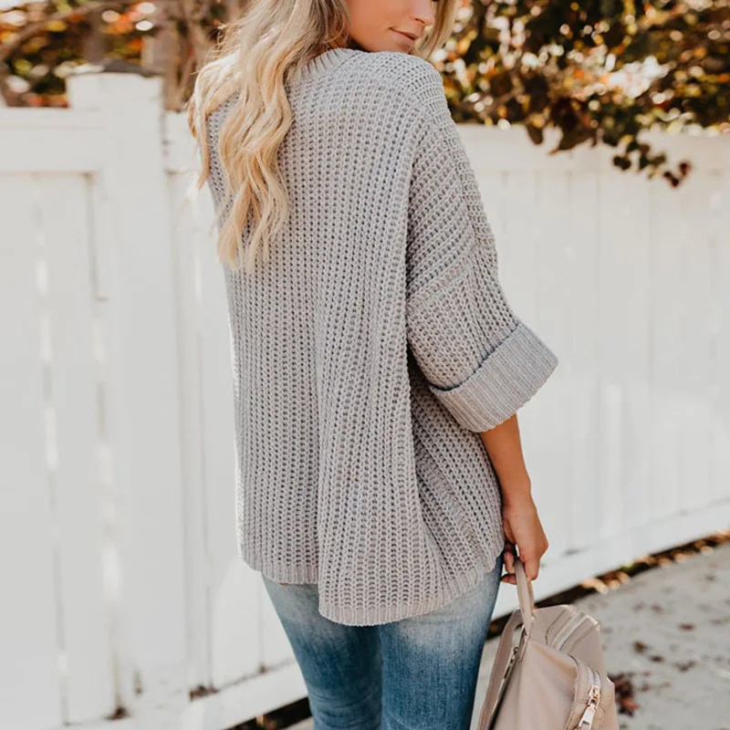 Pocket Loose Sweater and Pullover Autumn Winter Casual Woman O Neck Three Quarter Jumper Grey Black Beige | Женская одежда