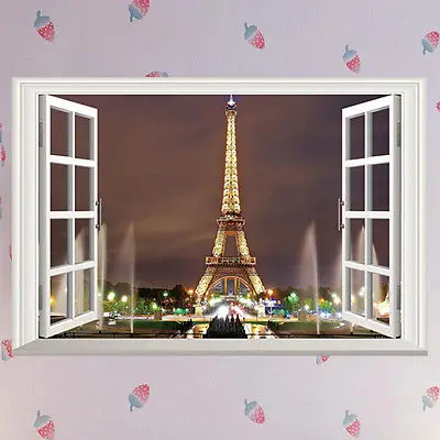 3D окна Париж Эйфелева башня настенные художественные Виниловые Настенные DIY