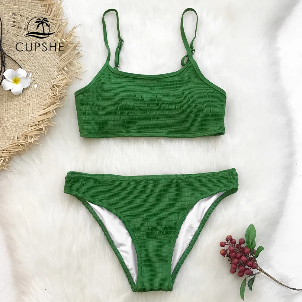 CUPSHE зеленый купальный комплект бикини, женские одноцветные купальники из двух частей,, сексуальные купальные костюмы для девушек