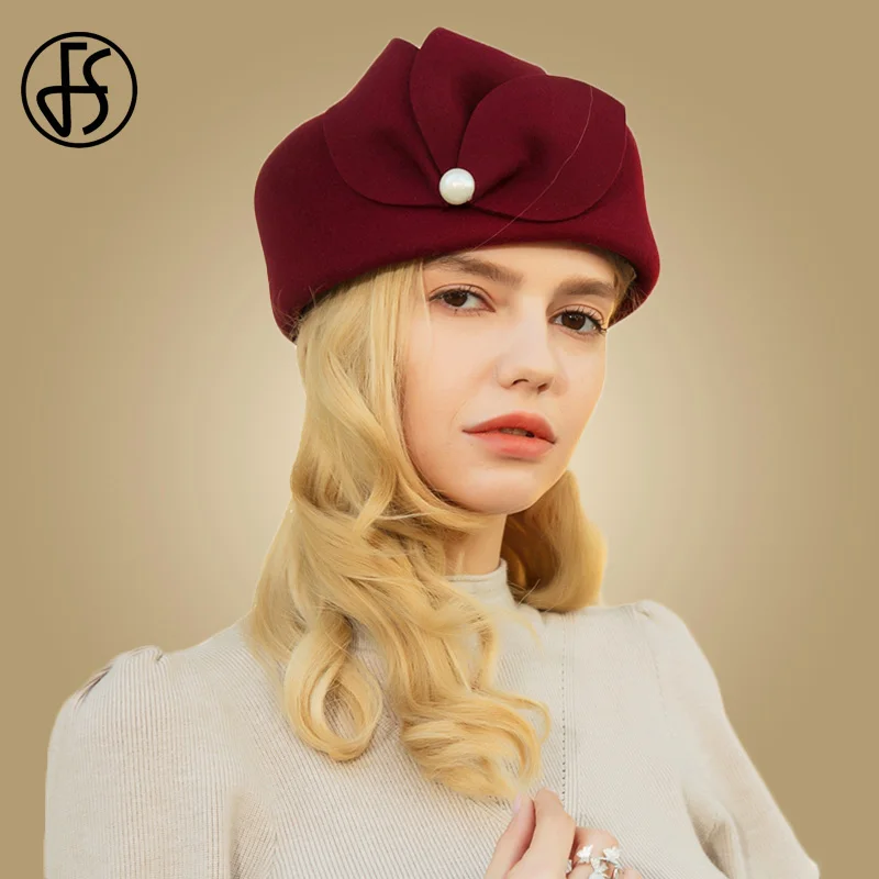 Женская шерстяная шляпка FS Элегантная для церкви винного красного и черного