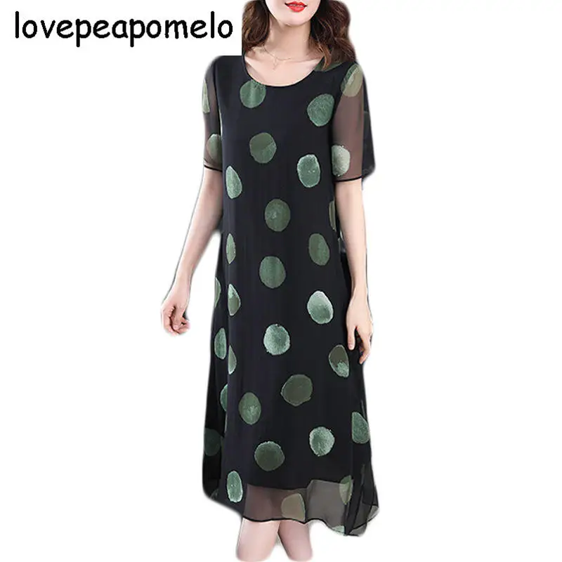 

lovepeapomelo 2018 Summer New Big Size Women Korean Loose Chiffon Wave Print Imitation Silk Short Sleeve Chiffon Dress D271