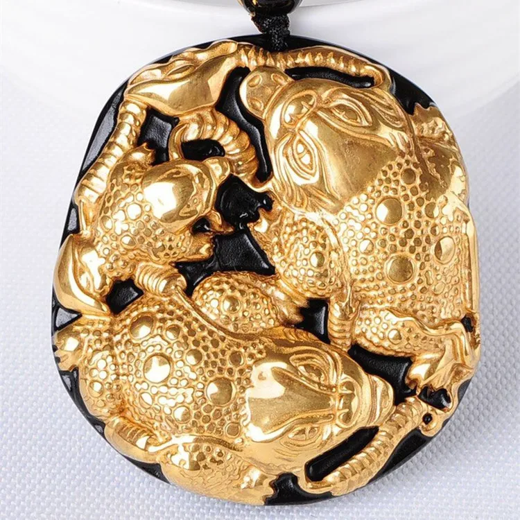 Оптовая продажа золото натуральный черный обсидиан Вырезка Будды Spittor Lucky амулет