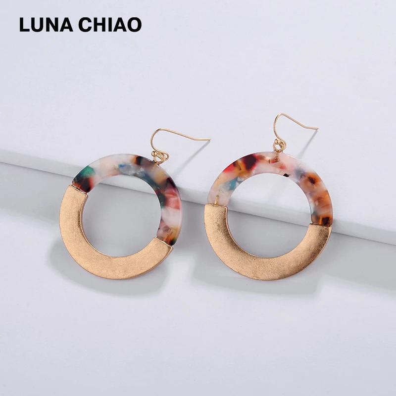 LUNA Чао Новое поступление полукруглые разноцветные плоские с носить золотого цвета с металлической рамкой под круглый акрил Lucite Мода Висячие серьги женские серьги-подвески