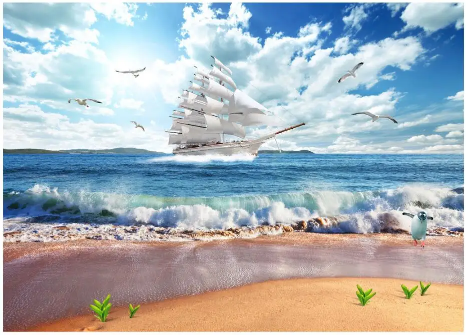 Настенные 3D-обои WDBH на заказ фотообои с рисунком Чайки по морю лодками домашний