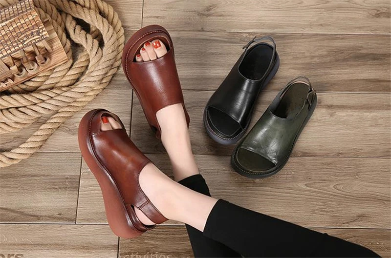 Sandals female summer new thick bottom Handmade genuine leather women sandals flat bottom casual shoes platform sandals