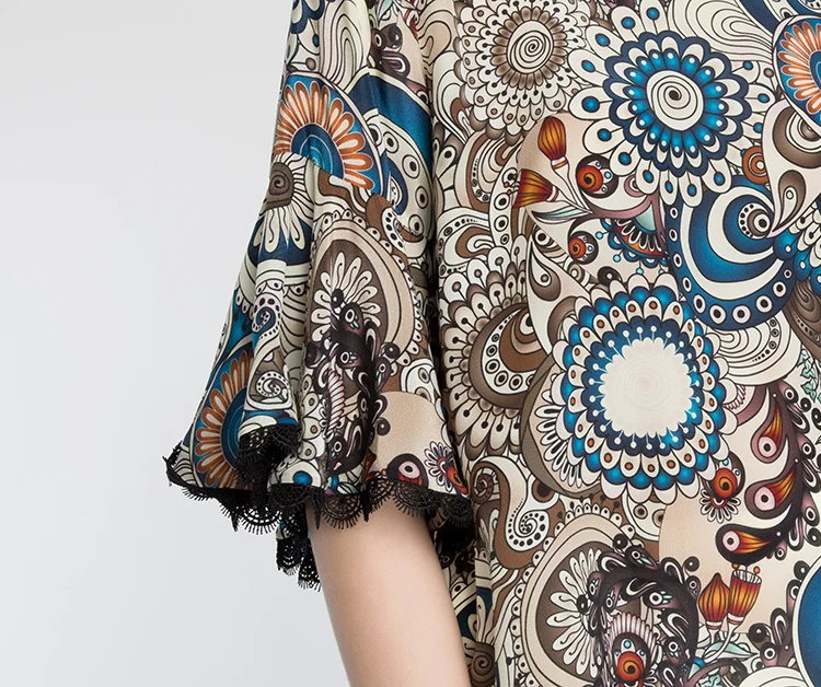 Женская павлин печати шелковая рубашка 2017 лето леди уникальный flare рукава