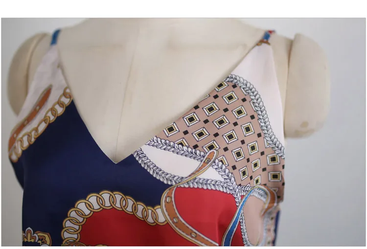 Летний комплект из двух предметов, Женский Топ на бретельках с v-образным вырезом+ длинная юбка, атласный Шелковый модный костюм с принтом цепей и юбкой