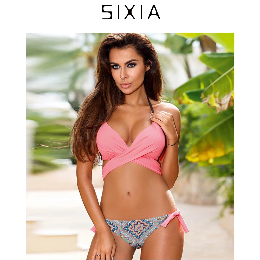 Sixia пикантные розовые Для женщин повязки бикини набор стринги женские Push Up Strappy