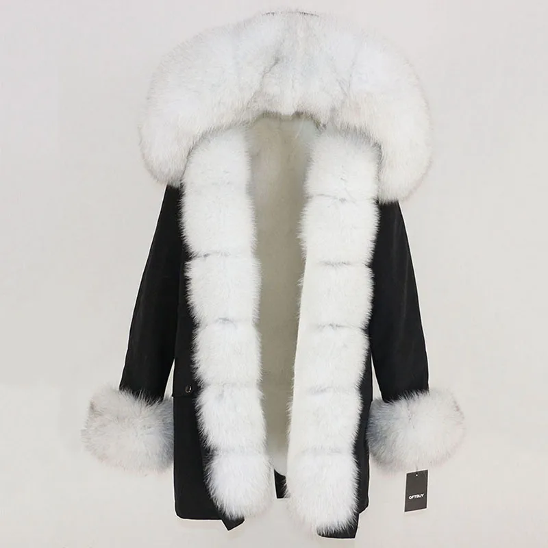 black white Женская парка с натуральным лисьим мехом OFTBUY, бежевое пальто с отделкой из лисьего меха, свободная длинная парка, верхняя одежда со съемным мехом, зима - Цвет: black white