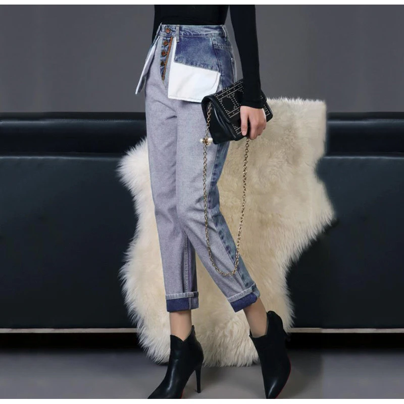 NLW NEW Women Casual High Waist Jeans Casual High Street Jeans Female Stylish Spliced Fake Pocket Long Pants Capris