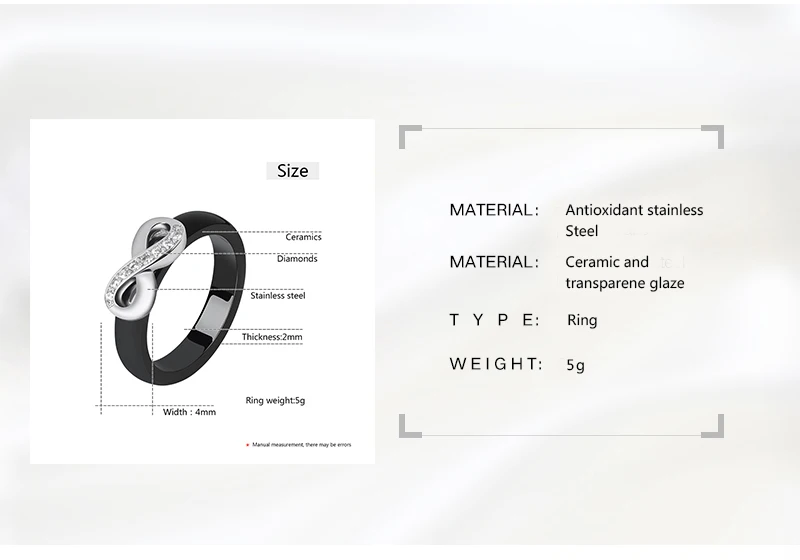 925 Elegant Rings Women 4mm Black White Ceramic Ring India Stone Crystal Infinity Comfort Wedding Rings Engagement Brand Jewelry