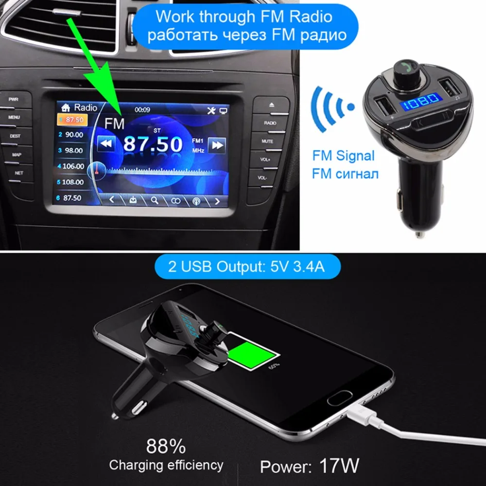 

AGETUNR Bluetooth Car Kit Handsfree Set FM Transmitter MP3 Music Player 5V 3.4A 2 USB Car Charger Support USB Disk TF Card Music