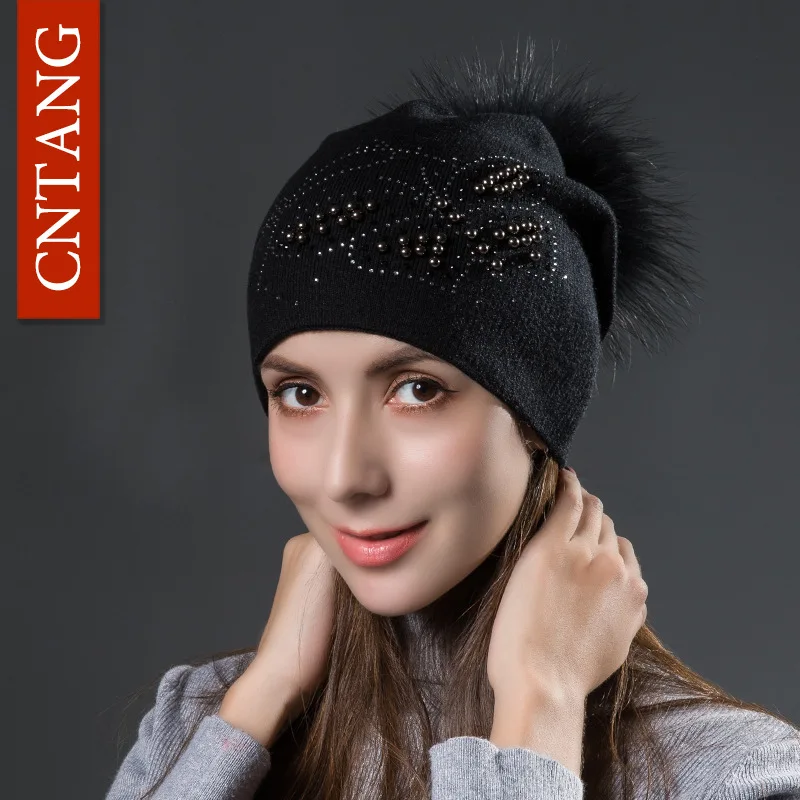 Black Black Pompom CNTANG Модные женские шапки с жемчужинами и бабочками, вязаные шерстяные вязаные шапки для осенне-зимнего сезона, теплые шапки с натуральным мехом, женские шапки с помпонами - Цвет: Black Black Pompom