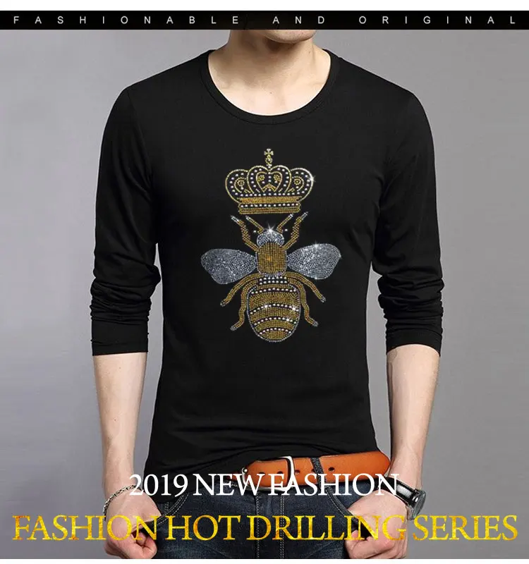 Корона пчелы рубашка Crewneck Футболка Горячая фиксация Стразы с принтом пчелы футболки мужские веганские кристалл алмаз футболка большого размера 5XL