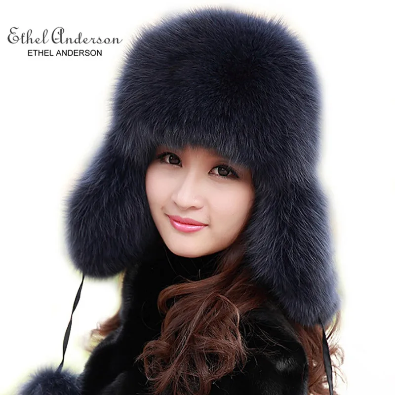 

ETHEL ANDERSON 100% Real Vulpes Lagopus Fox Fur Hats Cap Headwear Women's Russian Helmet Cap Winter Cossack Earcuff Hat