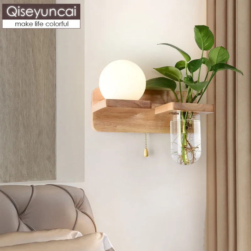 Goedkoop Qiseyuncai Nordic Creatieve Restaurant Eiken Suikerklontjes Wandlamp Bar Cafe Woonkamer Slaapkamer Bed Plant Lampen Gratis Verzending