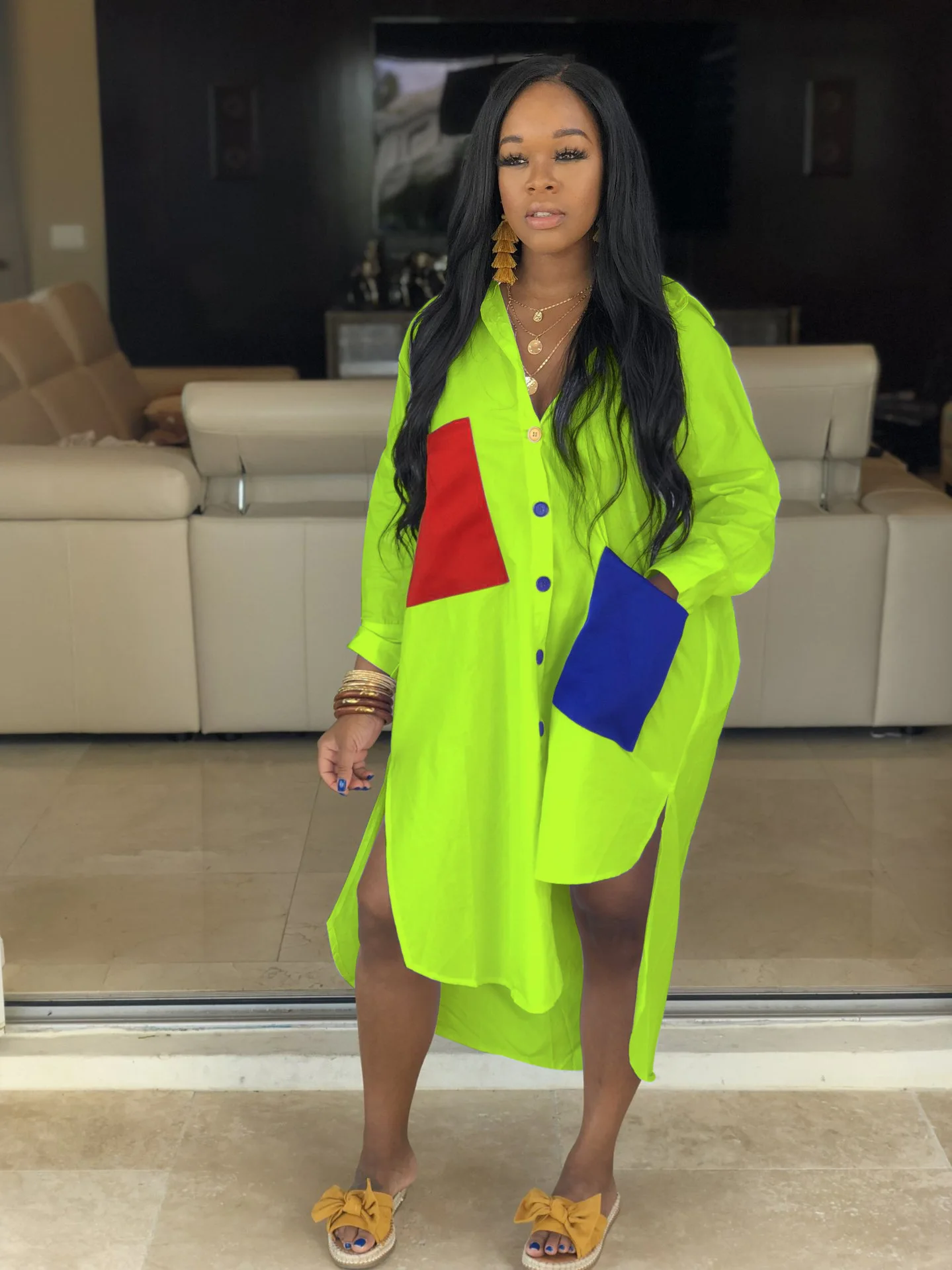 Повседневное свободное платье-рубашка HAOOHU неоновое зеленое красное белое