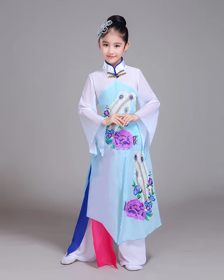Костюм китайского наряда для детей классических танцев, нового стиля, для девочек на вентиляторах, выступления, одежда хмонг.