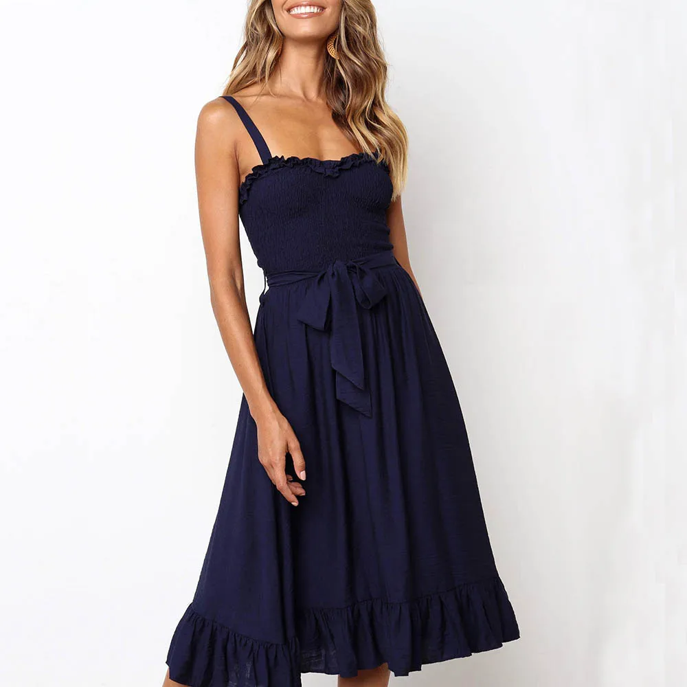 Navy Blue VIEUNSTA, женский пляжный сарафан с открытыми плечами и рюшами,, туника с цветочным принтом, без рукавов, а-силуэт, летнее платье с поясом, миди, вечерние платья - Цвет: Navy Blue