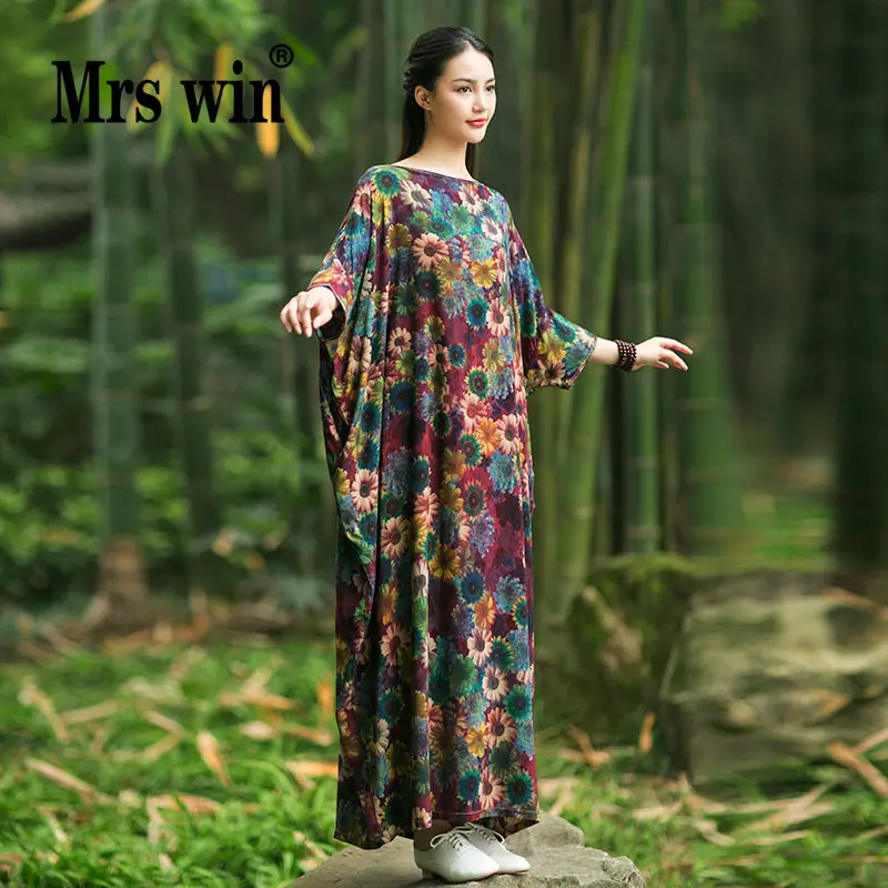 Women's Loose Casual Soft Cotton Plus Size Bat-sleeve Vintage Floral Print Bohemian Long Robe Dresses | Женская одежда