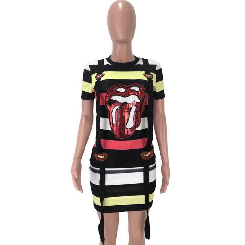 Summer Red Lips Sequin T Shirt Dress Women O Neck Short Sleeve Print Striped Mini Sheath Casual Everyday Vestidos | Женская одежда