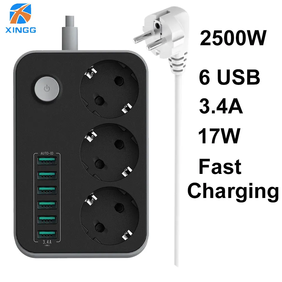 Удлинитель электрический на 3 розетки с 6 USB портами для быстрой зарядки 1 5 м|power