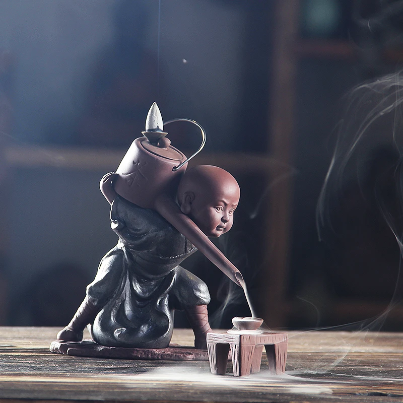 

( Can As Tea Filter ) Chinese Vintage Ceramic Pottery Kung Fu Monk Backflow Incense Burner | Monk Figurines with Teapot Ornament