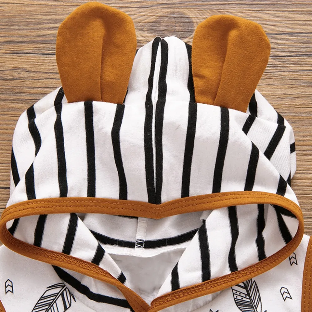 

2019 Fashion Summer Newborn Baby Boy Girl Hooded Feather T shirt Tops Striped Shorts Pants Clothes