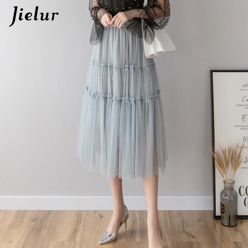 Jielur сетчатые летние тюлевые юбки однотонные женские плиссированные 2019 шикарные