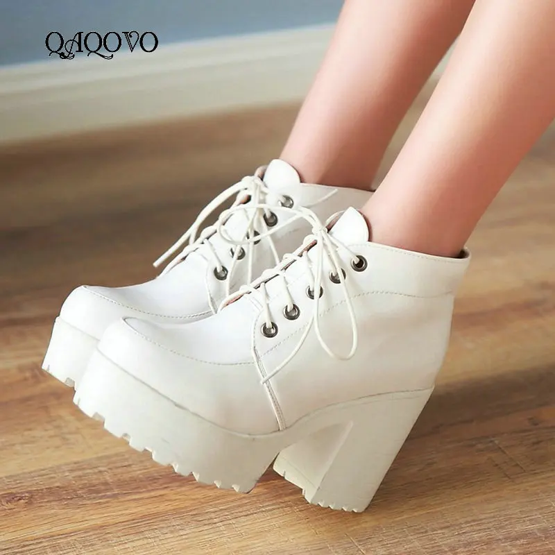 

Autumn Winter Ankle Boots Women Fashion Platform Square High Heel Martin Boots Lace Up Round Toe Female Shoes White Black Red