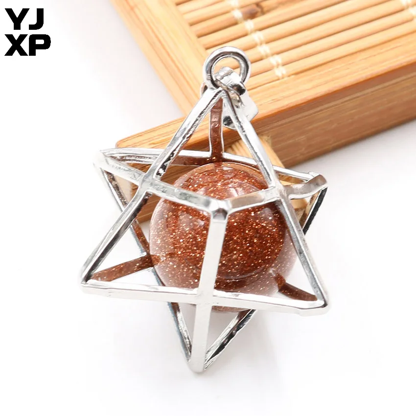 Gold Sand Stone 1 шт. Energy Merkaba кулон из натурального камня аметисты Розовый Кварц Круглые бусины рейки колье с целебным кулоном подвесные шармы Ювелирные украшения подарок - Окраска металла: Gold Sand Stone