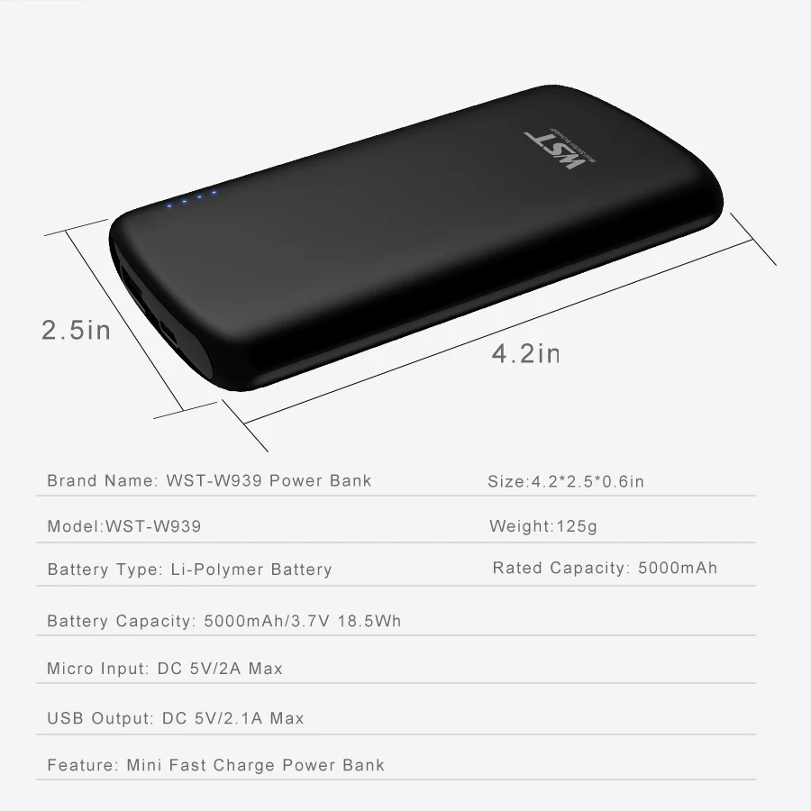 WST портативный внешний аккумулятор 5000 мАч повербанк мобильный для iPhone Samsung