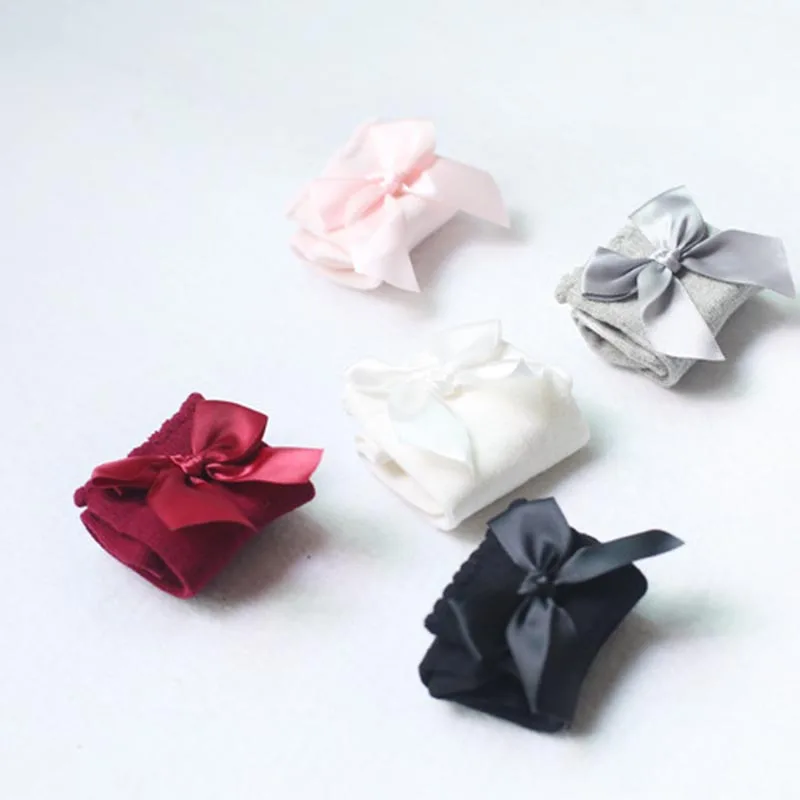 Носки для маленьких девочек зимние однотонные теплые гольфы с бантиками милые