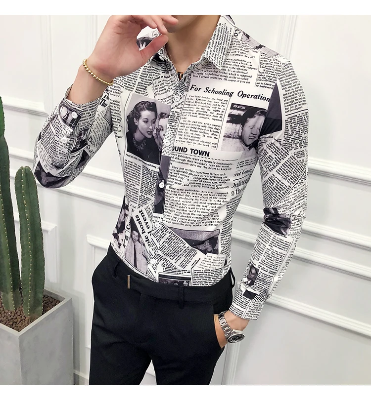 Модные дизайнерские узор рубашка Для мужчин тонкий газета рубашка Camisa социальной Мужская мода рубашка Для мужчин; вечерние клуб уникальная рубашка