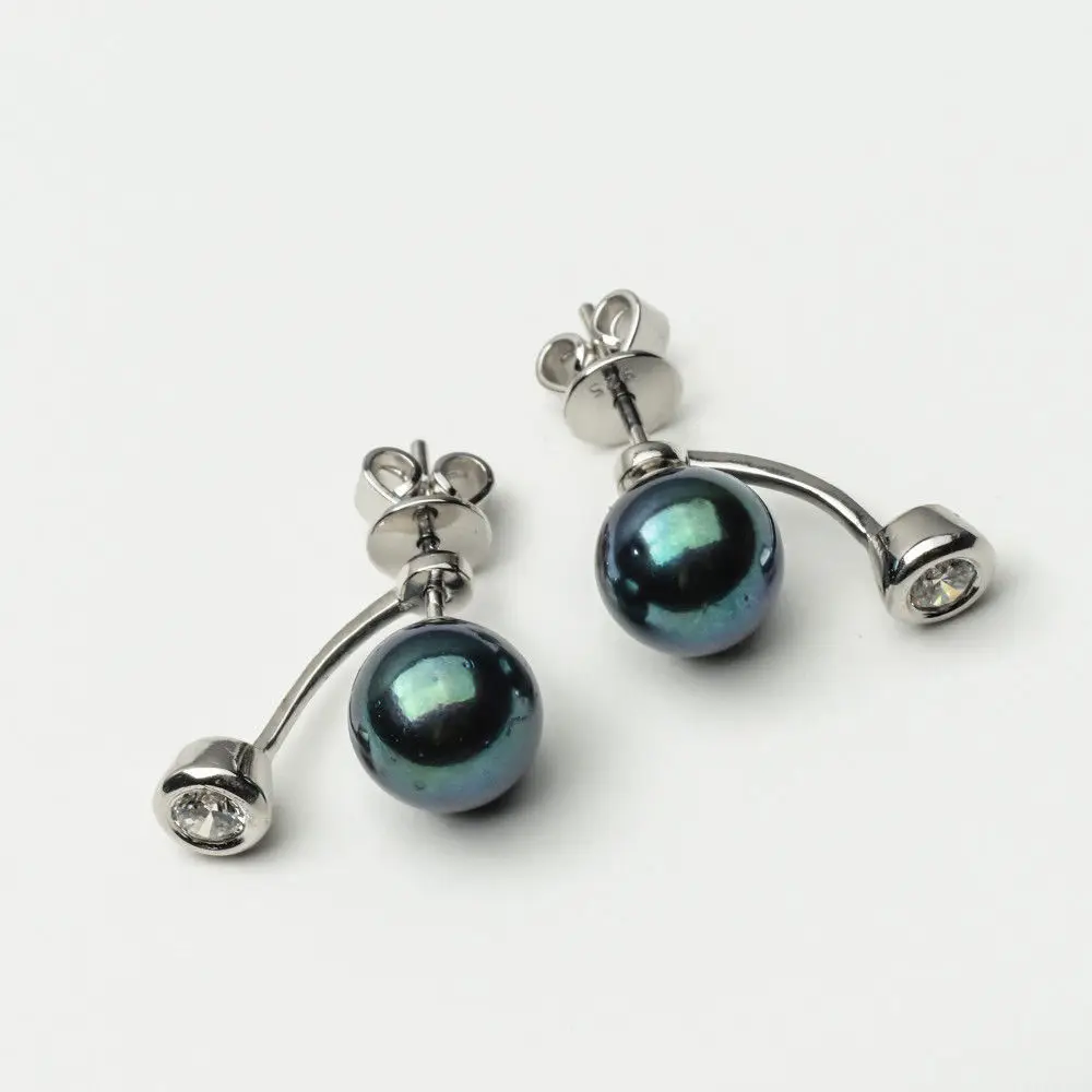 7.5-7.6mm Round Black Green Real Akoya Pearl Earrings 925 Sterling Silver | Украшения и аксессуары