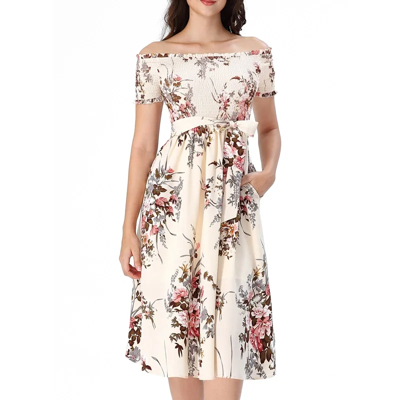 Beige Pink Brown Vfemage женские плиссированные летние повседневные пляжные вечерние трапециевидные платья миди с открытыми плечами и карманами с поясом 3126 - Цвет: Beige Pink Brown