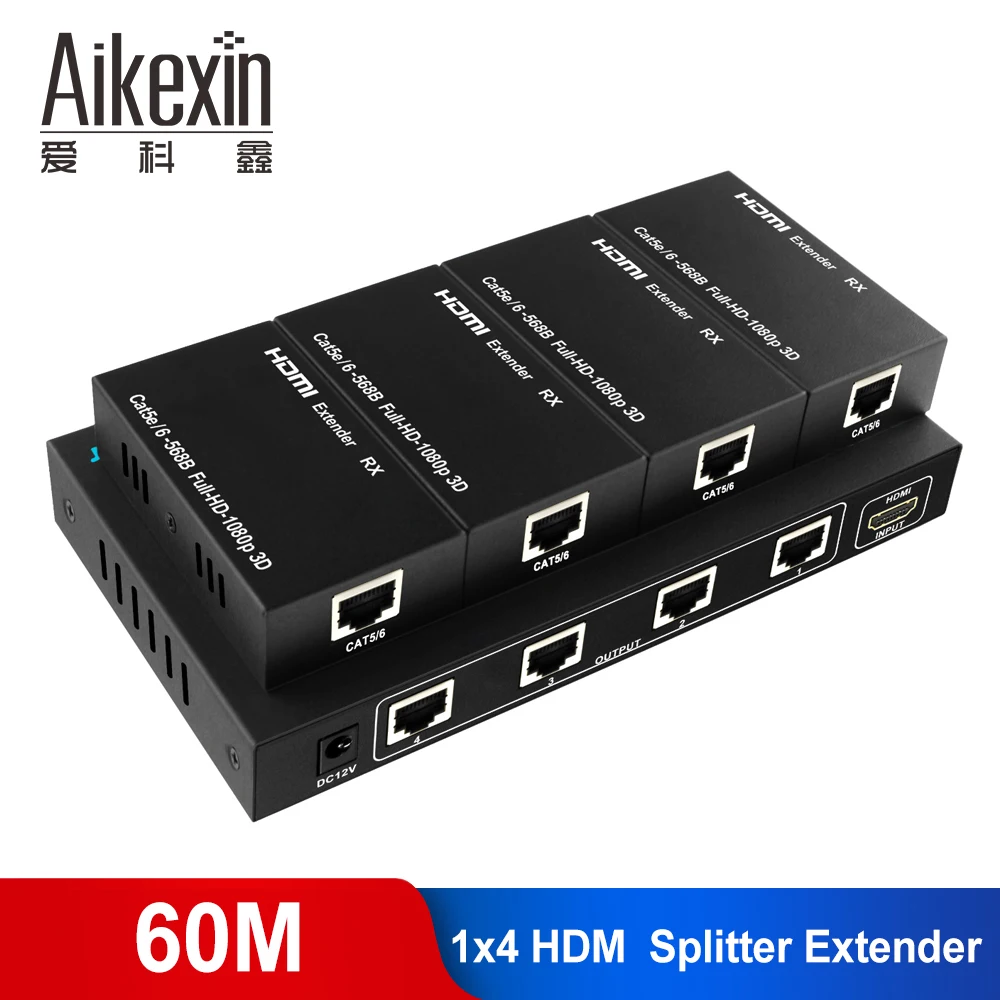 Aikexin 4 порта HDMI удлинитель 60 м 1X4 сплиттер по CAT5e/CAT6/CAT7 Ethernet кабель до to196ft (1 TX +
