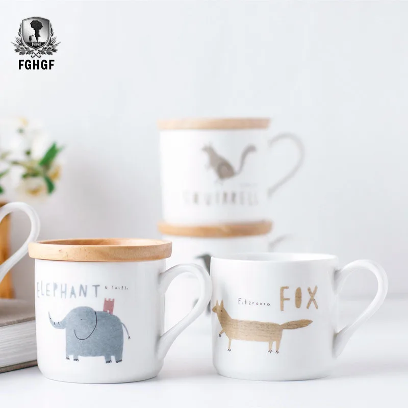 FGHGF скандинавском стиле керамическая кружка кофейная чашка офисная мультяшная чашка для воды чашка для животных с деревянной крышкой