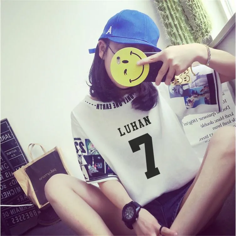Kpop EXO те же Женщины свободные футболки k pop круглый вырез Harajuku студенческие топы с