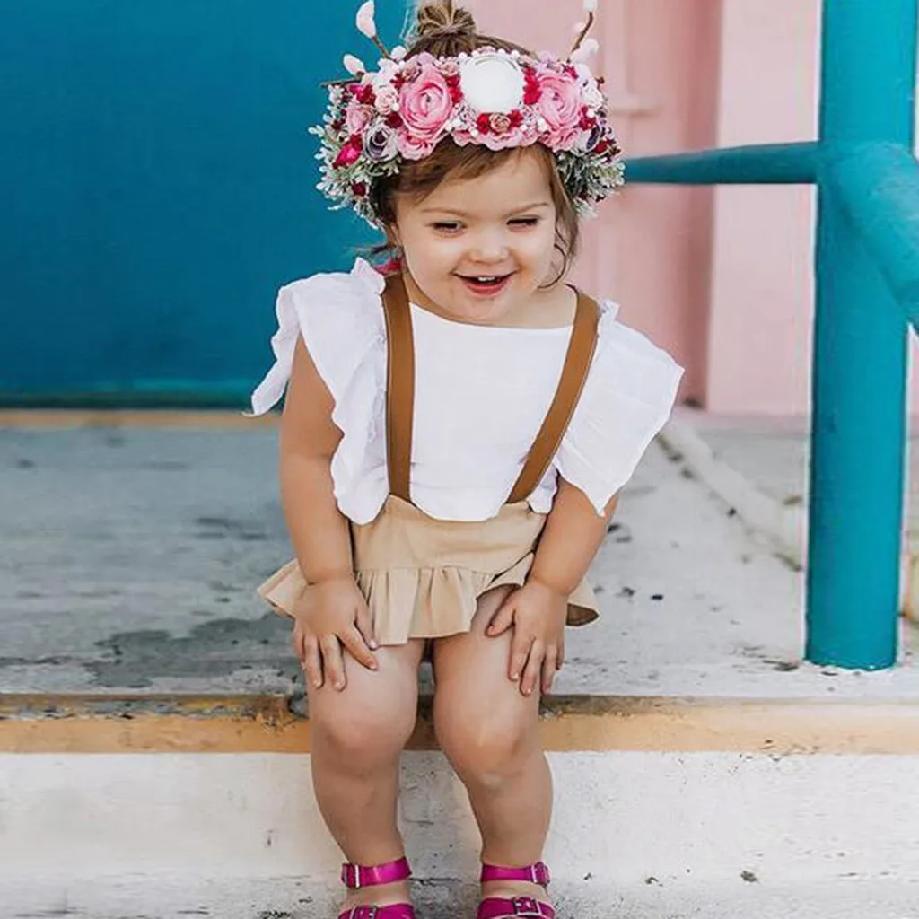 Комплект одежды для маленьких девочек однотонные топы без рукавов с оборками +