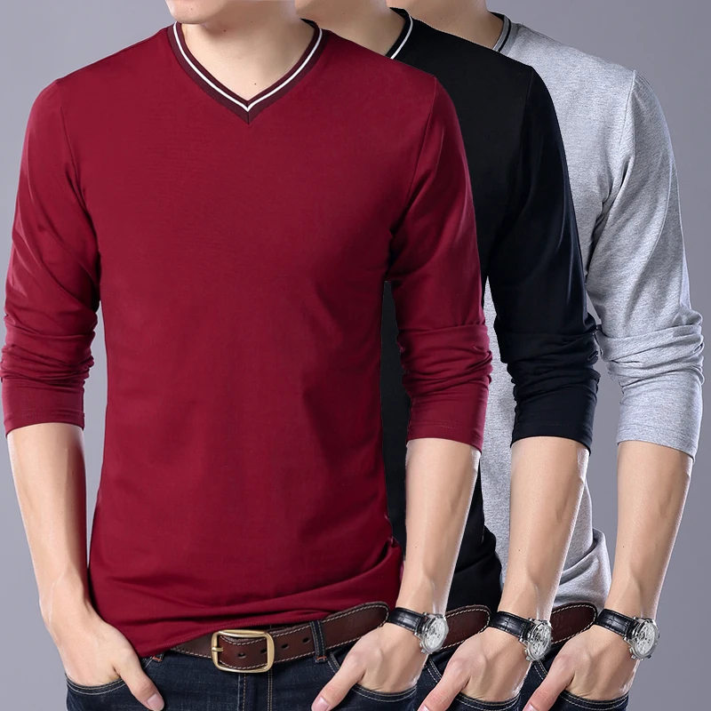 Футболка Для мужчин 2018 Демисезонный новая футболка с длинным рукавом и v-образным