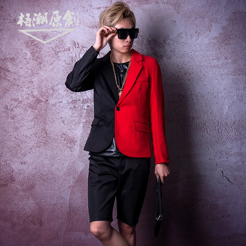 

M-6XL//Nightclub male singer DSDJ's big-name catwalk GD black and red spliced suit hip hop jazz hairdresser bar costumes.