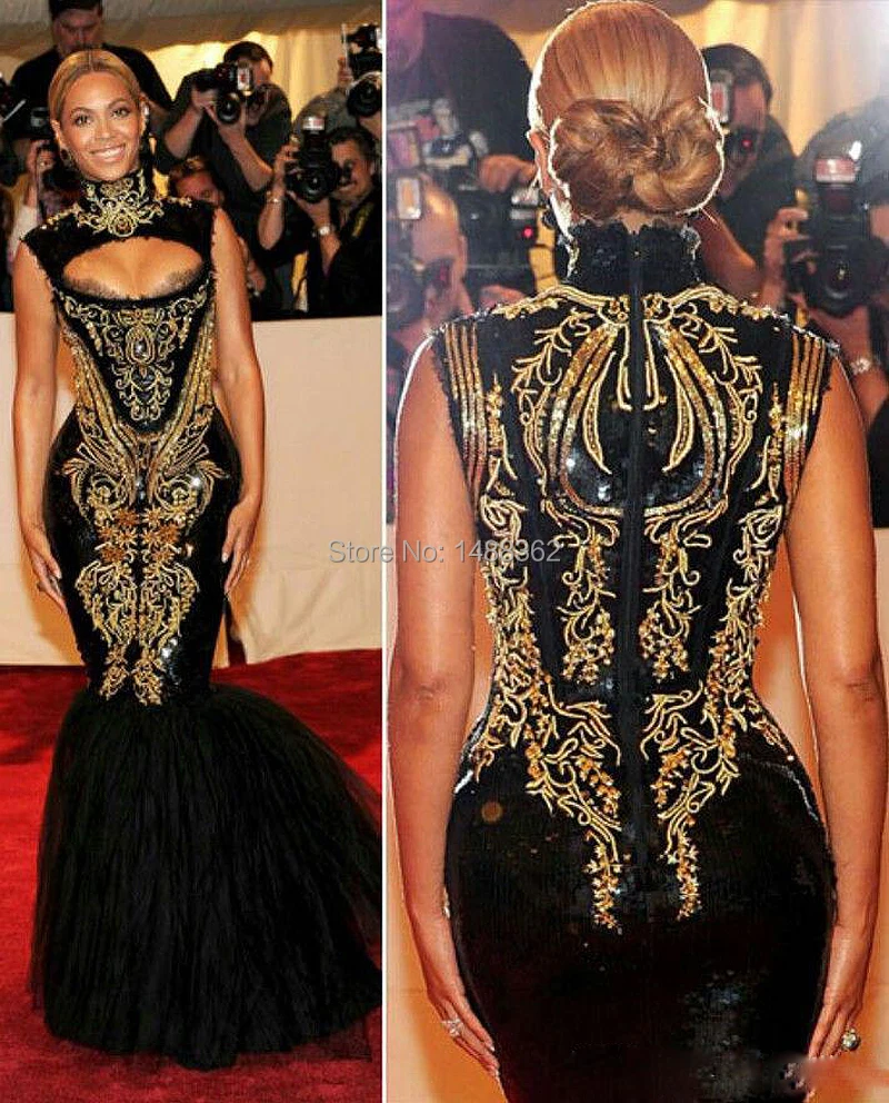 Dresses Women 2014 Free Shipping New Fashionable Black Appliqued High Collar Mermaid Evening Formal Gowns |